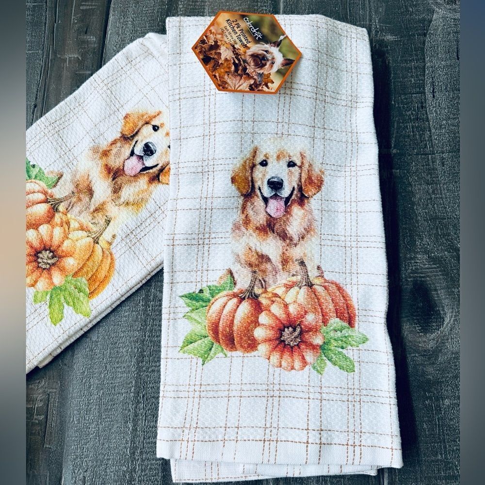 Fall Golden Retriever Yellow Lab Dog Pumpkin Farmhouse Dish Towels